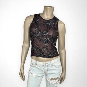 VINTAGE Medium‎ Beaded Black and Burgundy Sleeveless Top Silk